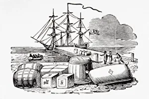 Black and white illustration of ship at end of pier, barrels and boxes on shore Black and white illustration of ship at end of pier, barrels and boxes on shore