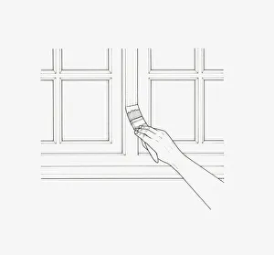 Black and white illustration showing hand holding paintbrush applying paint to window Black and white illustration showing hand holding paintbrush applying paint to window