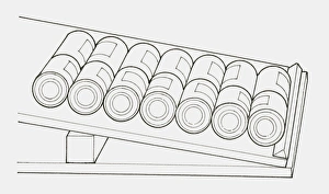 Black and white illustration of a sloping shelf containing cans Black and white illustration of a sloping shelf containing cans