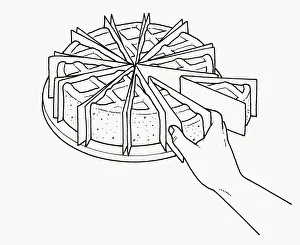 Black and white illustration of storing gateau slices in pieces separated by waxproof paper Black and white illustration of storing gateau slices in pieces separated by waxproof paper