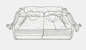 Black and white illustration of suitcase packed efficiently with items folded and arranged to maximise space Black and white illustration of suitcase packed efficiently with items folded and arranged to maximise space