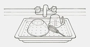 Black and white illustration of a tray with holes in it, placed over sink and used as a drainer Black and white illustration of a tray with holes in it, placed over sink and used as a drainer