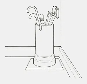 Black and white illustration of umbrellas stored in an old earthenware pipe, placed on a ceramic tile Black and white illustration of umbrellas stored in an old earthenware pipe, placed on a ceramic tile