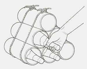 Black and white illustration of a wine rack made from plastic drain pipes and ropes, hand seen removing a bottle Black and white illustration of a wine rack made from plastic drain pipes and ropes, hand seen removing a bottle