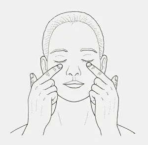 Black and white illustration of woman massaging skin under her eyes with her fingers Black and white illustration of woman massaging skin under her eyes with her fingers