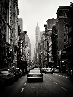 Black and white image of a vintage car in Broadway Black and white image of a vintage car in Broadway