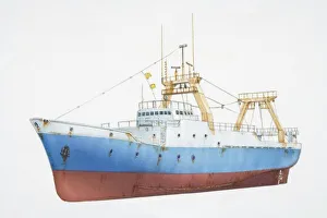 Blue and white fishing trawler, side view Blue and white fishing trawler, side view