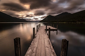 Boardwalk, dark weather mood, Lake Rotoroa, South Island, New Zealand Boardwalk, dark weather mood, Lake Rotoroa, South Island, New Zealand