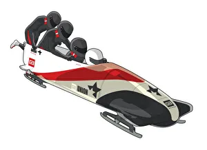 Bobsledding team of four, final push and last person getting on Bobsledding team of four, final push and last person getting on