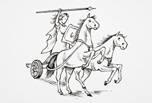 Boudicca, Queen of the Iceni in Roman Britain, riding in chariot, holding shield and spear above head Boudicca, Queen of the Iceni in Roman Britain, riding in chariot, holding shield and spear above head