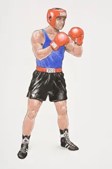Boxer wearing black shorts, blue vest, red gloves and head protector, standing poised with legs apart Boxer wearing black shorts, blue vest, red gloves and head protector, standing poised with legs apart