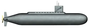 Bulky grey submarine with propeller at back Bulky grey submarine with propeller at back