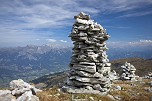 Cairns along the Five Lakes Hiking Route on Pizol Mountain, Bad Ragaz, Heidi country, Swiss Alps, Switzerland, Europe Cairns along the Five Lakes Hiking Route on Pizol Mountain, Bad Ragaz, Heidi country, Swiss Alps, Switzerland, Europe