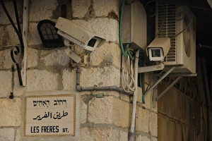 Camera surveillance with street names in the Christian Quarter in the Old City, Jerusalem, Israel, Middle East, Asia Camera surveillance with street names in the Christian Quarter in the Old City, Jerusalem, Israel, Middle East, Asia