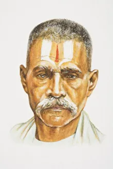 The Caribbeans, head of Asian man with grey moustache and forehead painted with red The Caribbeans, head of Asian man with grey moustache and forehead painted with red