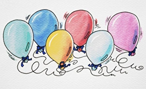 Cartoon, colourful selection of six balloons tied with blue bows and attached to pieces of string Cartoon, colourful selection of six balloons tied with blue bows and attached to pieces of string