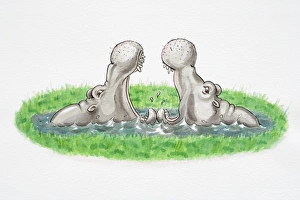 Cartoon depiction of two hippopotamus in pool Cartoon depiction of two hippopotamus in pool