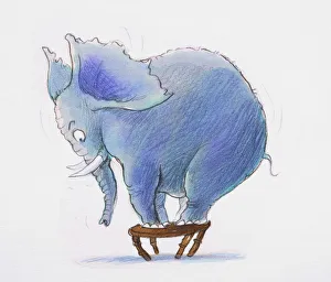 Cartoon elephant standing on small stool, side view Cartoon elephant standing on small stool, side view