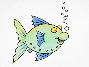 Cartoon, green fish with blue fins and gills, smiling with air bubbles rising from its Cartoon, green fish with blue fins and gills, smiling with air bubbles rising from its