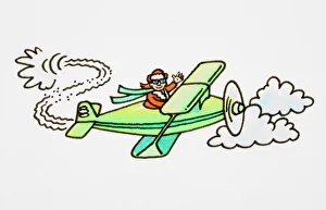 Cartoon, pilot flying green open-topped aeroplane among clouds and waving, his scarf rustling in wind, side view Cartoon, pilot flying green open-topped aeroplane among clouds and waving, his scarf rustling in wind, side view