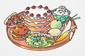 Cartoon, selection of foods on round tray, decorated layer cake, slice of pizza, hamburger, green salad Cartoon, selection of foods on round tray, decorated layer cake, slice of pizza, hamburger, green salad