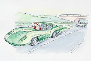 Cartoon of slow police car chasing laughing motorist speeding in sports car on road Cartoon of slow police car chasing laughing motorist speeding in sports car on road