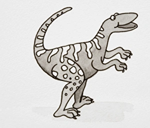 Cartoon, smiling Dinosaur standing with its tail curled up, side view Cartoon, smiling Dinosaur standing with its tail curled up, side view