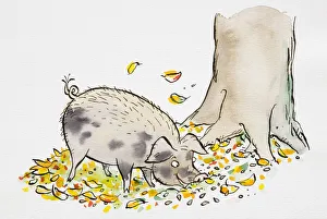 Cartoon of smiling grey wild Pig grazing by the foot of tree trunk, autumn leaves scattered on grass, side view Cartoon of smiling grey wild Pig grazing by the foot of tree trunk, autumn leaves scattered on grass, side view