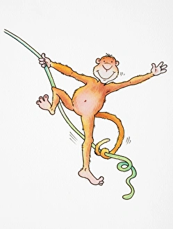 Cartoon, smiling monkey swinging and waving with its tail wrapped around rope Cartoon, smiling monkey swinging and waving with its tail wrapped around rope