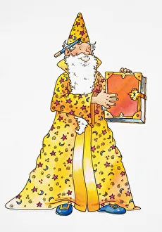 Cartoon, smiling wizard with long white beard, matching yellow cape and hat Cartoon, smiling wizard with long white beard, matching yellow cape and hat