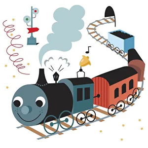 Cartoon steam train emerging from tunnel, smiling face at front of locomotive Cartoon steam train emerging from tunnel, smiling face at front of locomotive