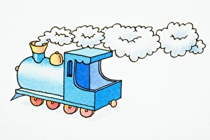 Cartoon, steam train locomotive blowing steam out of its chimney, side view Cartoon, steam train locomotive blowing steam out of its chimney, side view