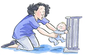 Cartoon of surprised mother struggling to pull baby with strong grip from cot bars Cartoon of surprised mother struggling to pull baby with strong grip from cot bars