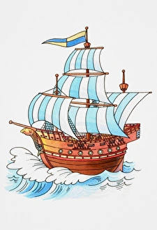Cartoon, wooden sailing ship sailing on turbulent sea Cartoon, wooden sailing ship sailing on turbulent sea