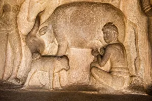 Detail of carving in Krishna Mandapa rock cut temple, Mahabalipuram, Kanchipuram District Detail of carving in Krishna Mandapa rock cut temple, Mahabalipuram, Kanchipuram District