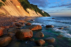Chalk cliffs with the Koenigsstuhl cliff in the early morning, Sassnitz, Rugen, Mecklenburg-Western Pomerania, Germany Chalk cliffs with the Koenigsstuhl cliff in the early morning, Sassnitz, Rugen, Mecklenburg-Western Pomerania, Germany