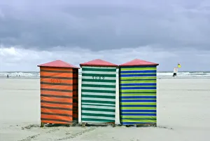 Change cabins on a deserted beach of the North Sea at end of the holiday season, Juist Change cabins on a deserted beach of the North Sea at end of the holiday season, Juist