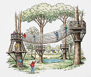 Children on rope bridge and climbing along rope Children on rope bridge and climbing along rope