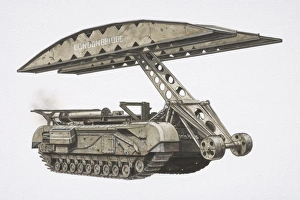 Churchill Bridgelayer tank with hull removed and bridge attached to a hinged arm Churchill Bridgelayer tank with hull removed and bridge attached to a hinged arm