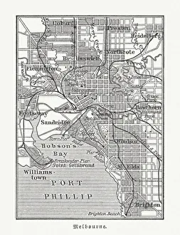 City map of Melbourne, Australia, wood engraving, published in 1897 City map of Melbourne, Australia, wood engraving, published in 1897