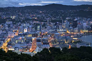 Cityscape, Wellington waterfront at dusk, New Zealand, North Island Cityscape, Wellington waterfront at dusk, New Zealand, North Island