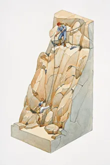 Two climbers climbing rocks on mountain side, the leader pausing for his partner to Two climbers climbing rocks on mountain side, the leader pausing for his partner to