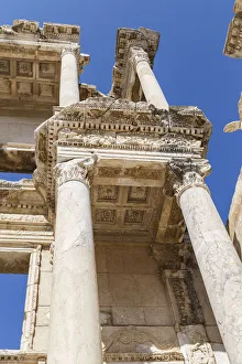 A close up cropped low angle view of the Library of Celsus at the Ephesus ancient city A close up cropped low angle view of the Library of Celsus at the Ephesus ancient city