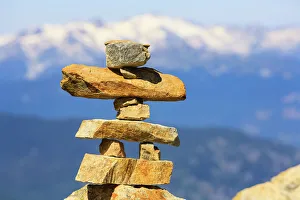 Close-up of sunlit cairn, Whistler Resort in early Fall, British Columbia, Canada Close-up of sunlit cairn, Whistler Resort in early Fall, British Columbia, Canada