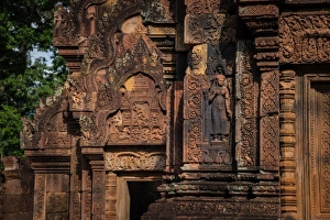 Closeup of the details of Banteay Srei the pink temple of ancient Khmer Closeup of the details of Banteay Srei the pink temple of ancient Khmer