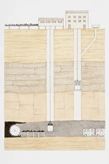 Coal mine showing two shafts, coal miners lift, and lift to transport coal to surface Coal mine showing two shafts, coal miners lift, and lift to transport coal to surface