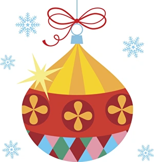Colourful bauble hanging from string, falling snowflakes in background Colourful bauble hanging from string, falling snowflakes in background