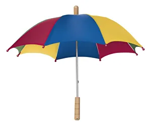 Colourful open umbrella with wooden handle, front view Colourful open umbrella with wooden handle, front view