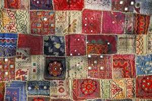 Traditional Indian Art Prints: Colourful patchwork carpet with small mirrors, Rajasthan, India, Asia