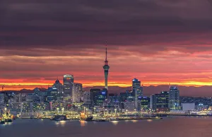 Colourful sky over Auckland city with city night light Colourful sky over Auckland city with city night light